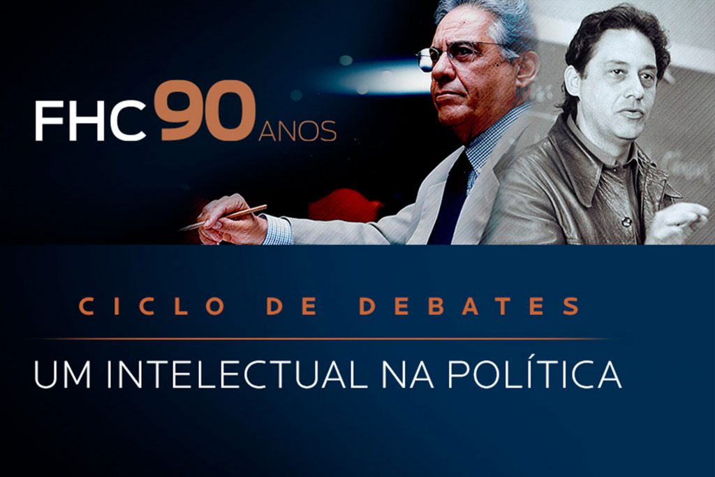 Imagem que mostra, na parte superior, duas fotografias de Fernando Henrique Cardoso. Uma delas é em preto e branco, do período em que ele era professor da USP. A outra foto é da época em que FHC foi presidente do Brasil. Ao lado das fotos, à esquerda, o logo 