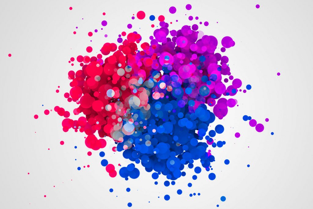 Imagem que mostra uma ilustração que simboliza a polarização política. São pontos nas cores vermelho, azul e roxo. Todos estão próximos uns dos outros.