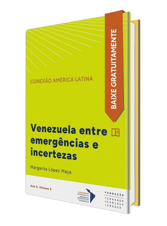 Capa do livro Conexão América Latina que analisa a situação política, econômica e social da Venezuela. A capa tem cor verde-limão e o título do artigo, Venezuela entre emergências e incertezas, está em azul. No rodapé, logos da Fundação FHC e da Plataforma Democrática.