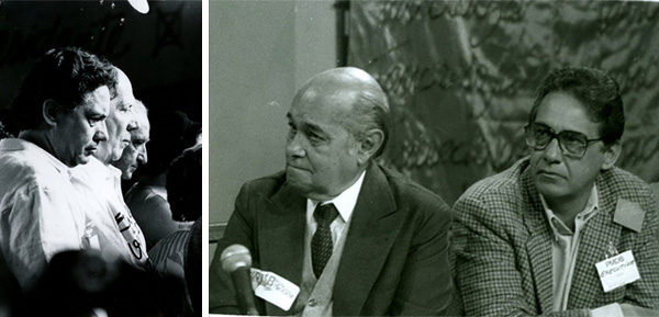 Two photos arranged side by side. On the left, there is a black and white photo of Fernando Henrique Cardoso in profile next to two other men. On the right, two men are leaning over a table. One of the men is Fernando Henrique Cardoso, wearing a badge on a plaid jacket.