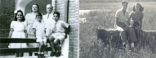 Foto de duas imagens dispostas lateralmente. Foto em preto e branco da família de Fernando Henrique Cardoso: o pai, Leonidas Cardoso, a mãe, Nayde Silva e os irmãos Gilda e Antônio Geraldo; São Paulo, década de 1940. À direita, foto em preto e branco de FHC e Ruth Cardoso sentados em um tronco de árvore, década de 1940.