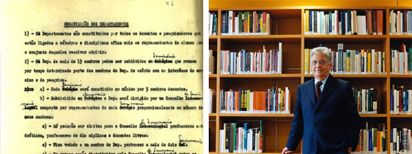 Two photos arranged side by side. On the left, there is a photo of a typed document with notes by President Fernando Henrique Cardoso. On the left, there is a photo of President Fernando Henrique Cardoso posing for a portrait in front of a bookcase.