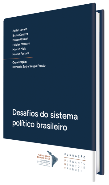 Imagem que mostra a capa de uma publicação da Plataforma Democrática e da Fundação FHC. O título da obra, Desafios do sistema político brasileiro, está escrito um pouco abaixo do centro da capa. Acima, nomes dos autores dos artigos e organizadores. De cima para baixo, são eles: Adrian Lavalle, Bruno Carazza, Denise Goulart, Heloisa Massaro, Marcus Melo, Marcus Pestana, Bernardo Sorj e Sergio Fausto. No rodapé, à direita, logos da Plataforma Democrática e da Fundação FHC.