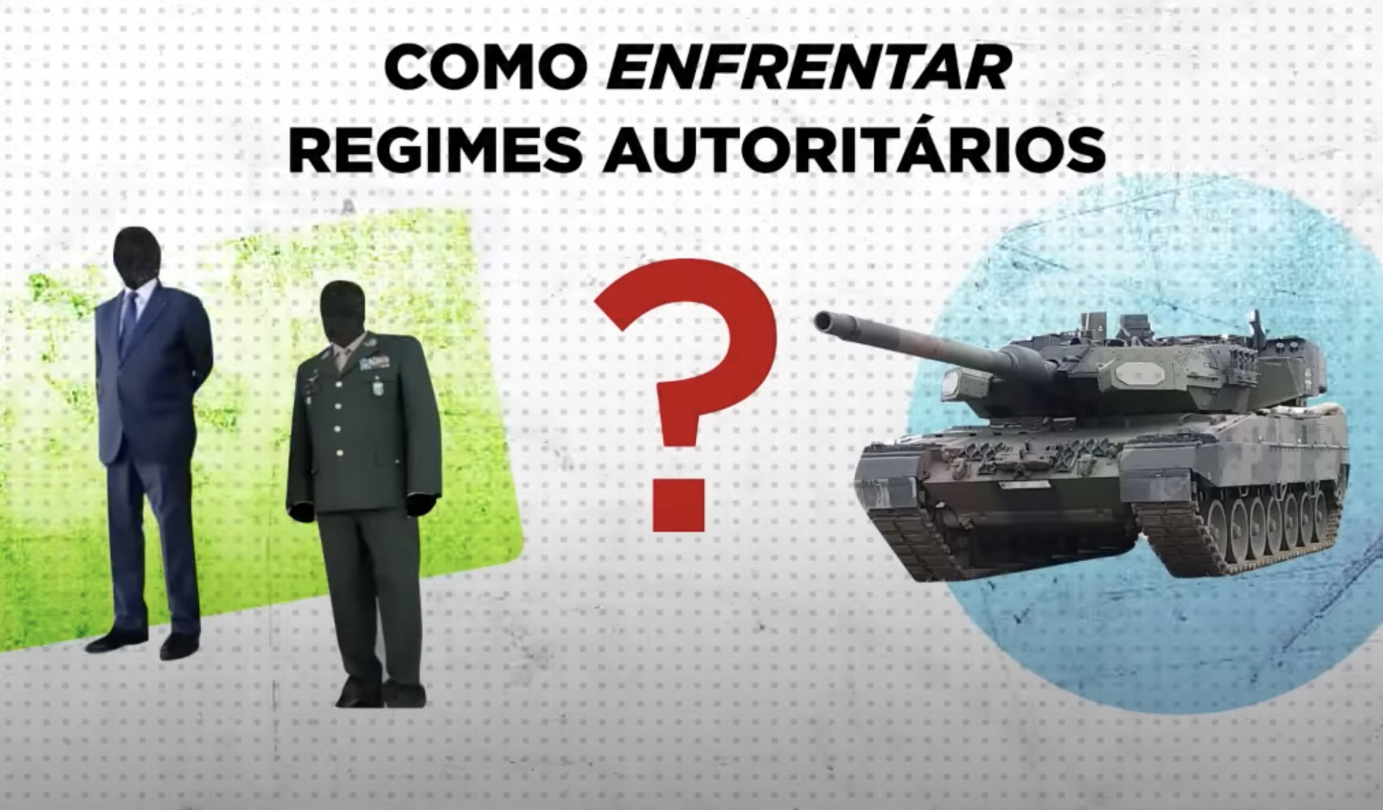 Imagem que mostra, no topo e ao centro, a frase: Como enfrentar regimes autoritários? À direita, um tanque de guerra. À esquerda, dois homens vestindo roupas militares.