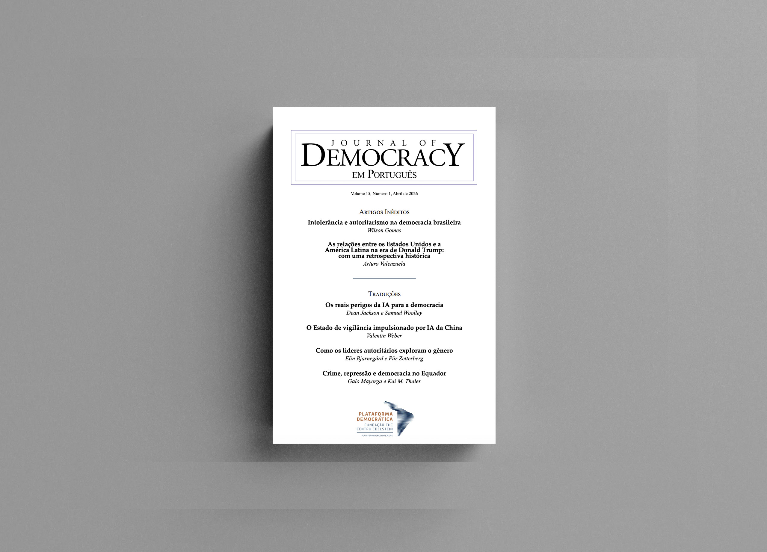 Imagem que mostra a capa do volume de abril do Journal of Democracy em Português.